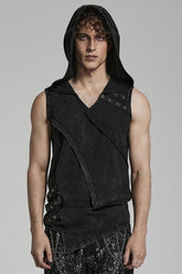 Black Sleeveless Irregular Hooded Men's Punk Tank Top